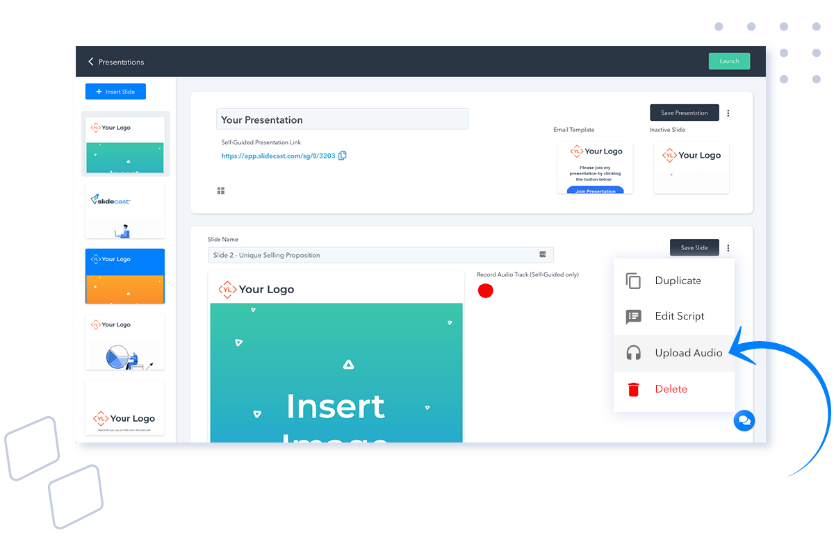 Upload audio files in presentations with Slidecast